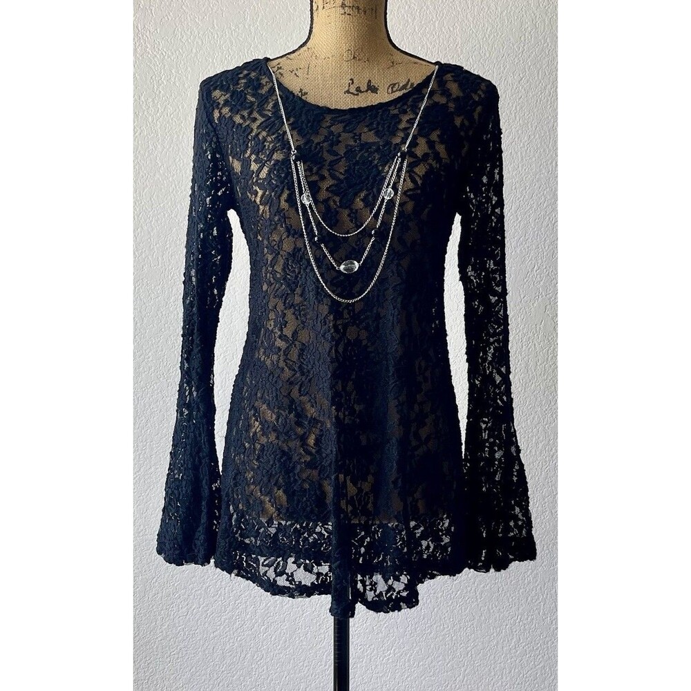 Black Floral Lace Bell Sleeve Blouse Women’s Small Whimsygoth Gothic Sheer Top - Picture 2 of 9